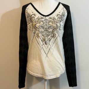 Miss Me Fleur De Lis Rhinestone Bling Raglan Long Sleeve Top — Size Large